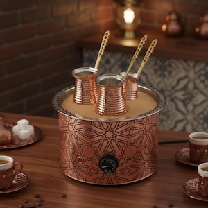 Traditional Copper Turkish Heating Sand Coffee Maker Circle Medium Geometrical Design With Three Pots Set