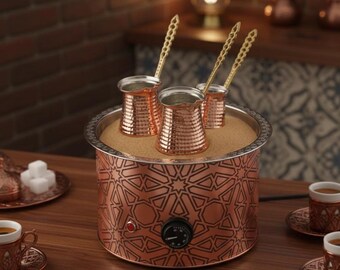Traditional Copper Turkish Heating Sand Coffee Maker Circle Medium Geometrical Design With Three Pots Set