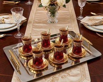 Stainless Steel Serving Tray with Gold Handles, Silver Rectangular Luxury Tray, 17.7 x 11.8 Inches, Large Serving Platter for 8 People