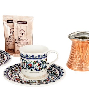 Turkish Coffee Set with Double Porcelain, Coffee Pot and Coffee Gift