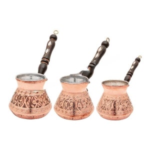 Set mit 3 schweren türkischen Kupferkaffeekannen | Dreifach Cezve Set | Arabisch Griechische Kaffeemaschine