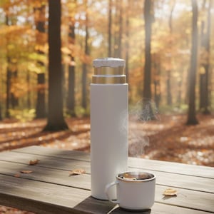 May include: A white insulated water bottle with a gold-colored top and a white mug with a silver rim sit on a wooden picnic table. Steam rises from the mug, suggesting a hot beverage. The background is a blurred autumn forest.