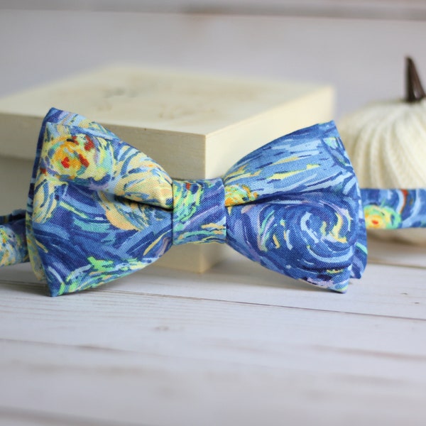 Starry Night Bow Tie, Van Gogh bow tie, blue bow tie, pre-tied bow tie, painting bow tie, groomsman gift