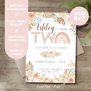Girl Birthday Editable Invitation Template, Boho Rainbow Floral Pink TWO Printable Digital Invitation, Instant Download