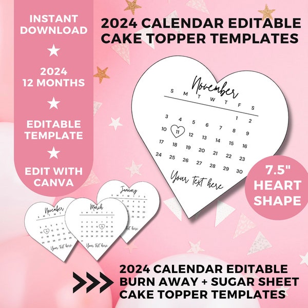 Burn Away Cake Topper Calendar Template, 7.5" Custom Heart Cake Topper, 2024 Calendar Printable, Birthday Cake Topper, Instant Download