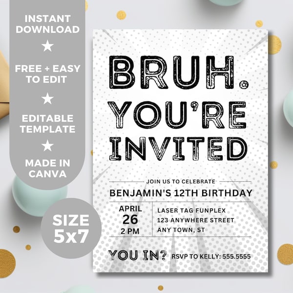 Boy Birthday Editable Invitation Template, Bro Bruh Party Printable Digital Invitation, Instant Download