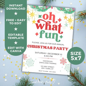 Editable Christmas Party Invitation Template, Oh What Fun Holiday Printable Digital Invitation, Instant Download, Snowflakes