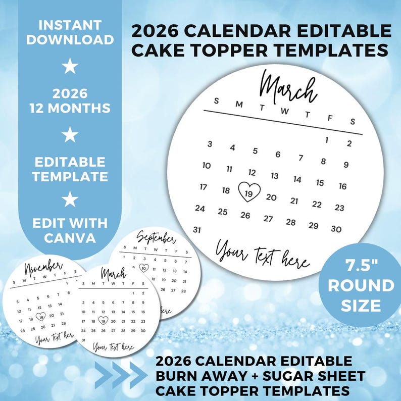 Generic Calendar Topper 2026 Burn Away Cake Topper Calendar Template, 7.5