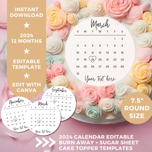 Burn Away Cake Topper Calendar Template, 7.5" Round Custom Cake Topper, 2024 Calendar Printable, Birthday Cake Topper, Instant Download