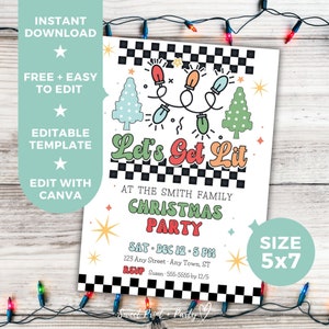 Editable Funny Christmas Party Invitation Template, Retro Let&#39;s Get Lit Holiday Printable Digital Invitation, Instant Download