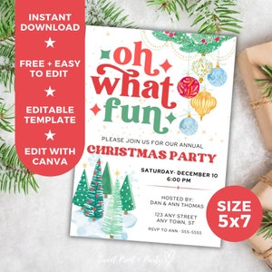 Editable Christmas Party Invitation Template, Oh What Fun Holiday Printable Digital Invitation, Instant Download, Tree Ornaments