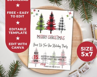 May include: Editable Christmas party invitation template with a red, green, and black plaid design. The invitation features three stylized Christmas trees and the text "Merry Christmas" and "Join Us For Our Holiday Party". The invitation is 5x7 inches.