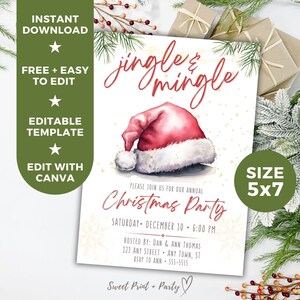 Editable Jingle and Mingle Christmas Party Invitation Template, Holiday Printable Digital Invitation, Instant Download, Santa Hat