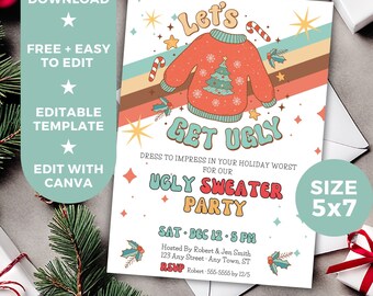 May include: A festive invitation for an Ugly Sweater Party with a cartoon illustration of a red sweater with a Christmas tree design. The invitation is decorated with stars, candy canes, and holly. The text reads "Let's Get Ugly" and "Ugly Sweater Party". The date and time of the party are listed as "Sat Dec 12 - 5 PM". The size of the invitation is 5x7 inches.