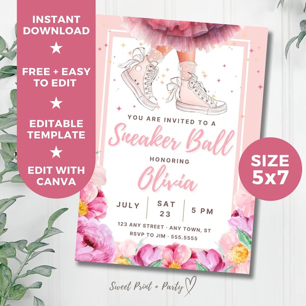 Girl Birthday Editable Invitation Template, Sneaker Ball Pink Dress LIGHT Printable Digital Invitation, Instant Download, Floral Invite