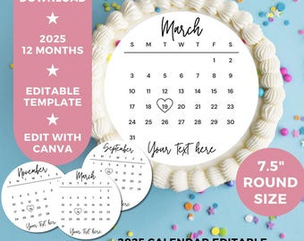 2025 Burn Away Cake Topper Calendar Template, 7.5&quot; Round Custom Cake Topper, 2025 Calendar Printable, Birthday Cake Topper, Instant Download