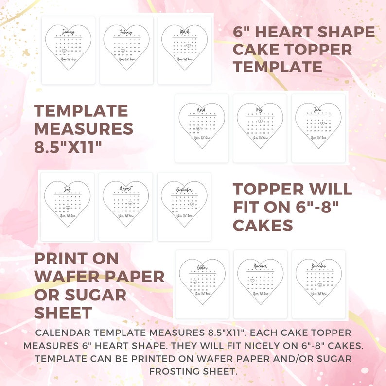 Burn Away Cake Topper Calendar Template, 6 Custom Heart Cake Topper ...