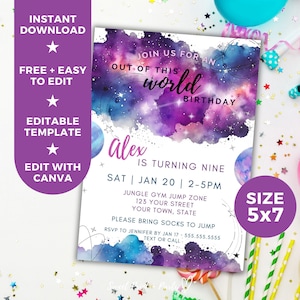 Modelo de convite editável de aniversário de menina, convite digital para impressão para festa do espaço sideral da galáxia, download instantâneo
