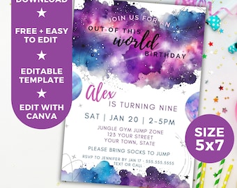 Girl Birthday Editable Invitation Template, Galaxy Outer Space Party Printable Digital Invitation, Instant Download