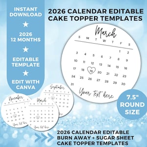 2026 Burn Away Cake Topper Calendar Template, 7.5" Round Custom Cake Topper, 12 Month Printable, Burnaway Cake Topper, Instant Download
