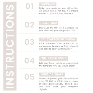 May include: A five-step instruction guide for purchasing, downloading, editing, and sharing a digital template. The instructions are numbered 1 through 5 and are written in a white sans-serif font on a light beige background.