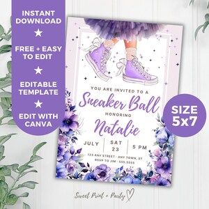 Girl Birthday Editable Invitation Template, Sneaker Ball Purple Dress LIGHT Printable Digital Invitation, Instant Download, Floral Invite