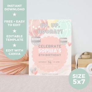 Girl Birthday Editable Invitation Template, Up Up Hooray Hot Air Balloon Printable Digital Invitation, Instant Download