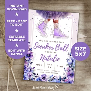 Girl Birthday Editable Invitation Template, Sneaker Ball Purple Dress DARK Printable Digital Invitation, Instant Download, Floral Invite