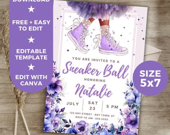 Girl Birthday Editable Invitation Template, Sneaker Ball Purple Dress DARK Printable Digital Invitation, Instant Download, Floral Invite