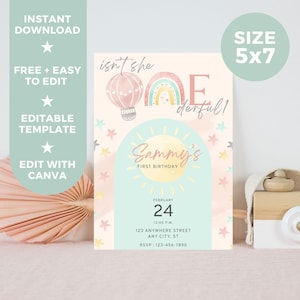 Girl Birthday Editable Invitation Template, ONEderful Hot Air Balloon Printable Digital Invitation, Instant Download