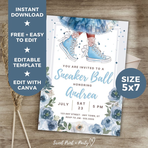 Girl Birthday Editable Invitation Template, Sneaker Ball Blue Dress DARK Printable Digital Invitation, Instant Download, Floral Invite