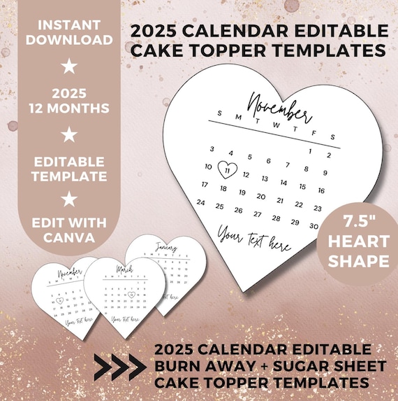 Burn Away Cake Topper Calendar Template, 7.5" Custom Heart Cake Topper, 2024 Calendar Printable, Birthday Cake Topper, Instant Download