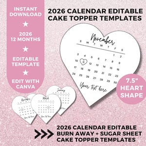 2026 Burn Away Cake Topper Calendar Template, 7.5" Custom Heart Cake Topper, 12 Month Printable, Burnaway Cake Topper, Instant Download