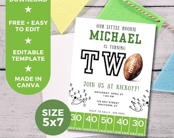 May include: A green and white printable invitation for a football-themed birthday party. The invitation says "Our little rookie Michael is turning two. Join us at kickoff! Saturday, April 27, 1:00 PM, 123 Any Street, Anytown, ST. RSVP to Sally - 555-5555". The invitation has a football graphic and a green and white football field design.