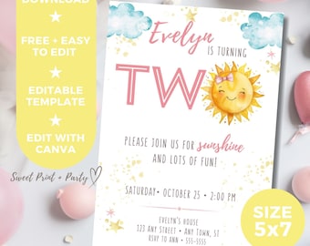May include: A 5x7 inch invitation card with a watercolor sun illustration, clouds, and stars. The invitation reads "Evelyn is turning TWo" and includes party details. The design features a yellow, pink, and blue colour scheme.