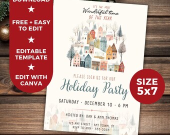 May include: Editable holiday party invitation template featuring a watercolor illustration of a snowy village with colorful houses. The text reads "It's the most wonderful time of the year. Please join us for our Holiday Party. Saturday, December 10, 6 PM. Hosted by: Dan & Ann Thomas. 123 Any Street, Any Town, ST. RSVP to Ann - 555-5555. Sweet Print + Party."