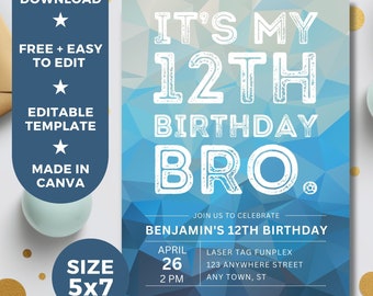 Boy Birthday Editable Invitation Template, Bro Blue DOUBLE DIGITS Party Printable Digital Invitation, Instant Download