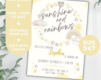 May include: A yellow and white printable invitation with a rainbow, clouds, stars, and the text "Sunshine and Rainbows". The invitation is for a first birthday party for a girl named Sophia. The text also includes the date, time, and RSVP information.
