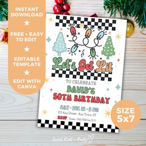 Editable Funny Birthday Invitation Template, Let&#39;s Get Lit Christmas Printable Digital Invitation, Instant Download, Holiday Cocktail Party