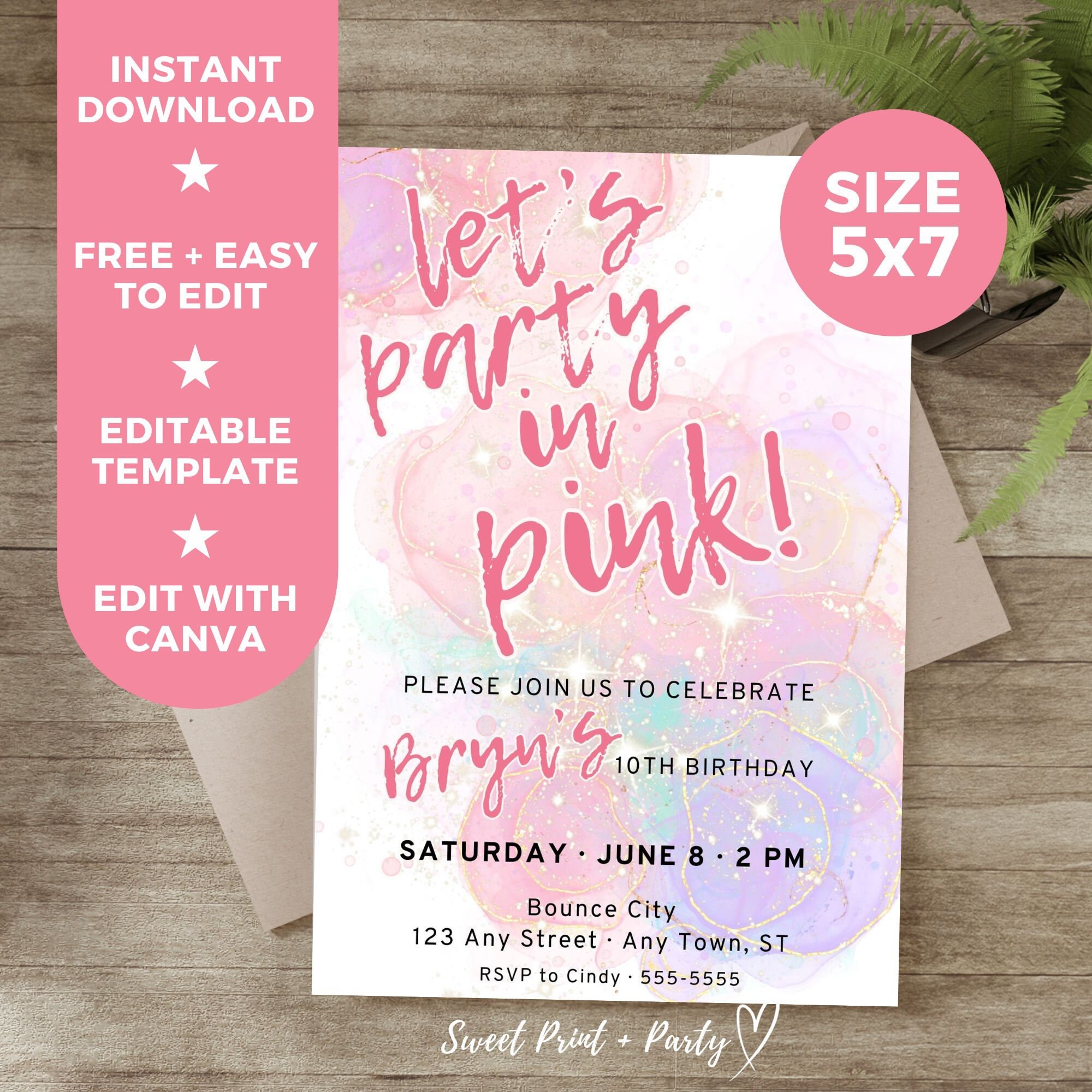 Girl Birthday Editable Invitation Template, Party in Pink Printable Digital Invitation, Instant Download, Evite