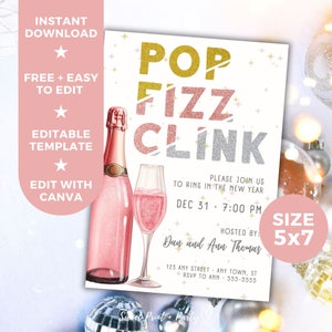 Editable Pop Fizz Clink Cheers New Years Eve Party Invitation Template, Holiday Printable Digital Invitation, Instant Download