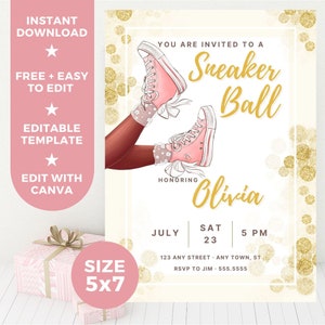 Girl Birthday Editable Invitation Template, Sneaker Ball Pink DARK Printable Digital Invitation, Instant Download