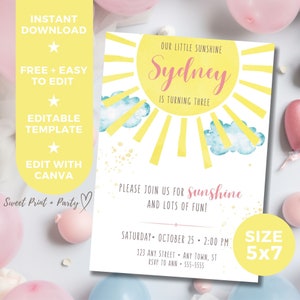 Girl Birthday Editable Invitation Template, Watercolor Little Sunshine Printable Digital Invitation, Instant Download