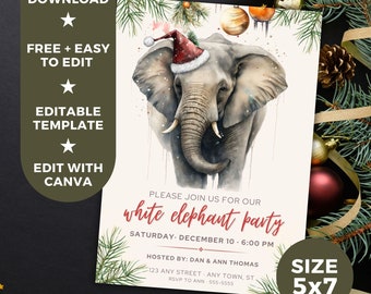 May include: A printable invitation for a white elephant party with a watercolor illustration of an elephant wearing a Santa hat. The invitation is 5x7 inches and includes the text "Please join us for our white elephant party, Saturday, December 10, 6:00 PM, Hosted by: Dan & Ann Thomas, 123 Any Street, Any Town, ST, RSVP to Ann - 555-5555, Sweet Print + Party".