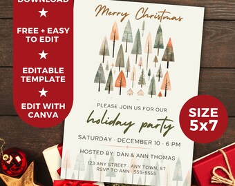 May include: Editable Christmas party invitation template with a watercolor forest design. The invitation is 5x7 inches and features the text "Merry Christmas" and "Please join us for our holiday party".