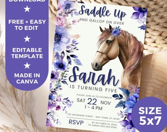 Girl Birthday Editable Invitation Template, Horse Purple Flowers Boho Printable Digital Invitation, Instant Download