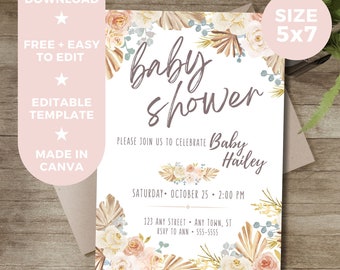Baby Shower Editable Invitation Template, Boho Floral Pink Printable Digital Invitation, Instant Download, Neutral Printable