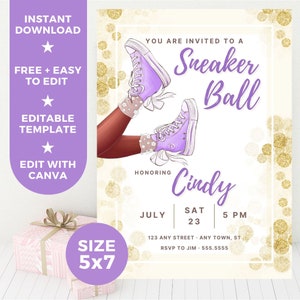 Girl Birthday Editable Invitation Template, Sneaker Ball Purple DARK Printable Digital Invitation, Instant Download