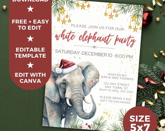 Puede incluir: Una invitación a una fiesta de elefante blanco con una ilustración de acuarela de un elefante con un gorro de Papá Noel. La invitación está decorada con estrellas doradas y ramas de pino. El texto de la invitación dice "Por favor, únase a nosotros para nuestra fiesta de elefante blanco, sábado 10 de diciembre, 6:00 PM".