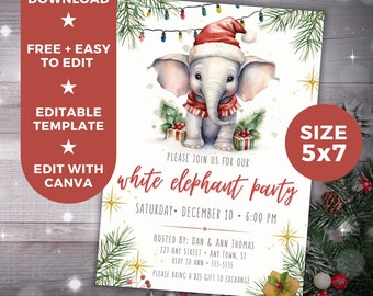 White Elephant Funny Christmas Party Editable Invitation Template, Holiday Printable Digital Invitation, Instant Download, Gift Exchange